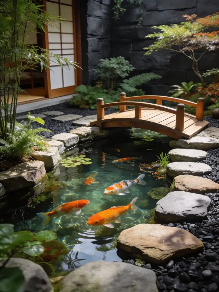 A small Japanese koi pond garden designed in a harmonious traditional style, featuring a clear pond with colorful koi fish as the focal poin.