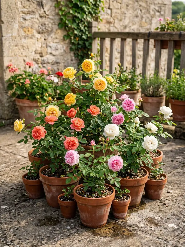 A compact small rose garden using terracotta pots, perfect for patios or balconies.