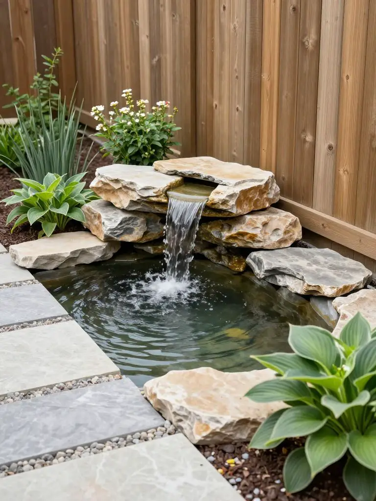A small structured pond with a waterfall built along a wooden fence, designed in a clean modern rustic style.