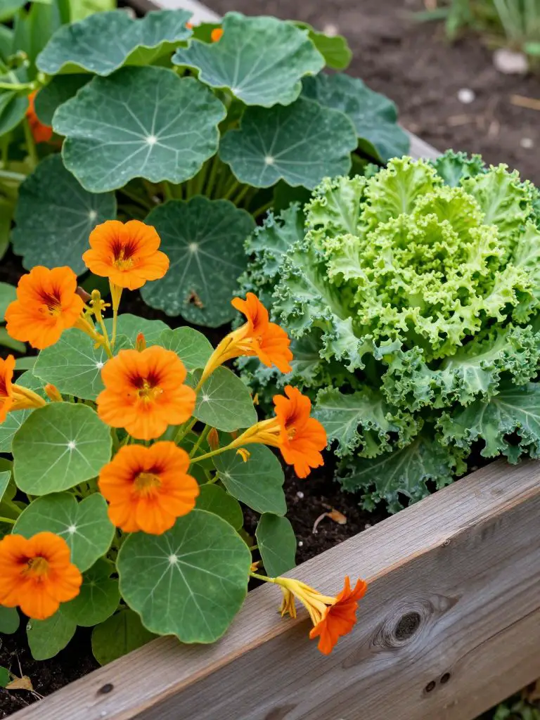 A functional raised bed where bright orange nasturtiums are interplanted with heads of kale and lettuce.