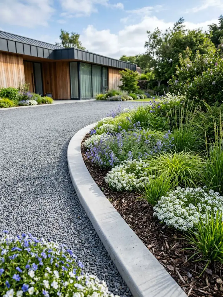 A contemporary garden border featuring smooth poured concrete edging running along a curved driveway, designed in modern minimalist style wi.