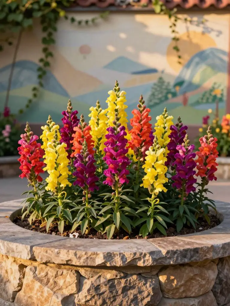 A structured, circular stone flower bed bursts with vertical spikes of snapdragons in jewel-toned magentas, yellows, and corals, their velve.