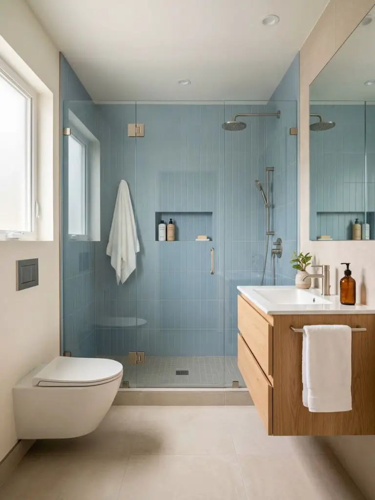 A tiny modern bathroom designed in a clean contemporary style, showcasing a glass-enclosed shower with a soft blue tiled wall as the focal p.
