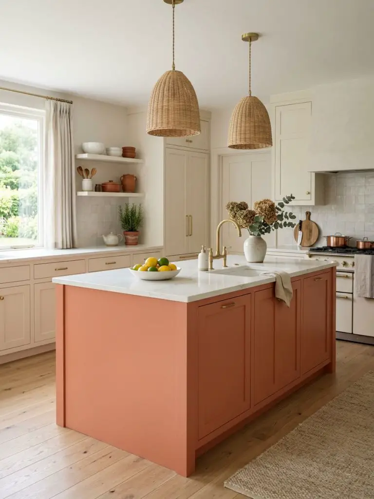 A refined kitchen featuring a coral-colored kitchen island with a smooth matte finish and a white stone countertop, positioned centrally in.