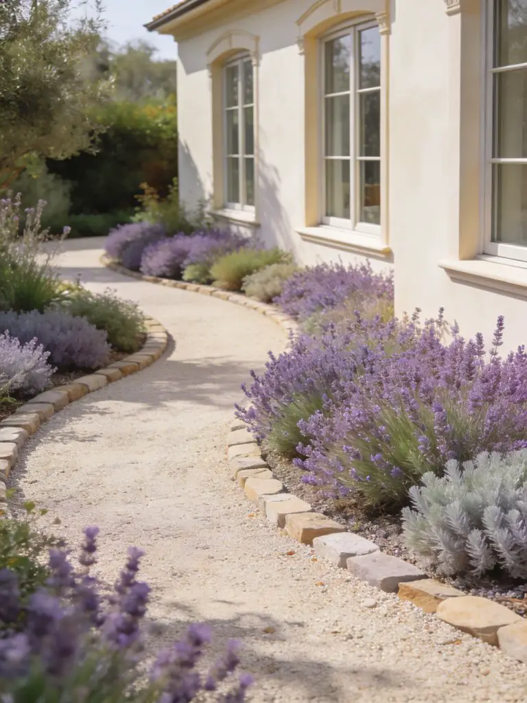 A soft, curving garden pathway in a Mediterranean-inspired landscape with warm minimalist tones.