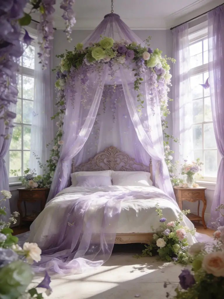 A soft lavender fairy-inspired witch bedroom featuring a canopy bed draped in sheer flowing fabric as the focal point, surrounded by cascadi.