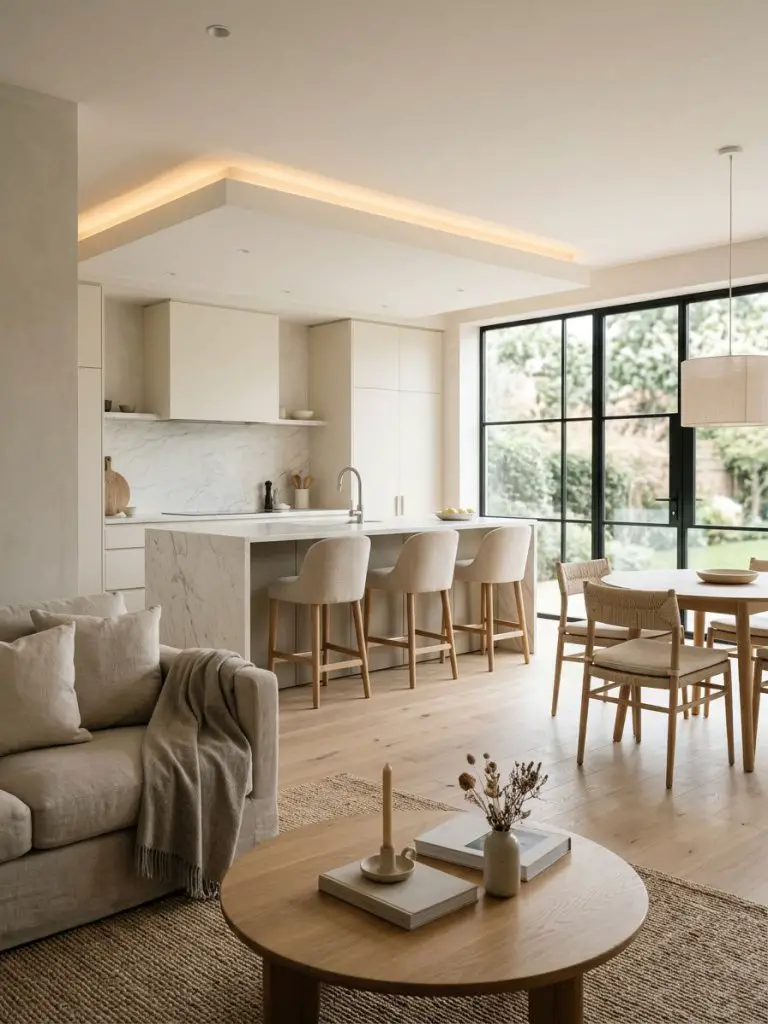 A minimalist living room with dining area and integrated kitchen in a soft modern style, featuring matte cabinetry, light wood finishes, and.