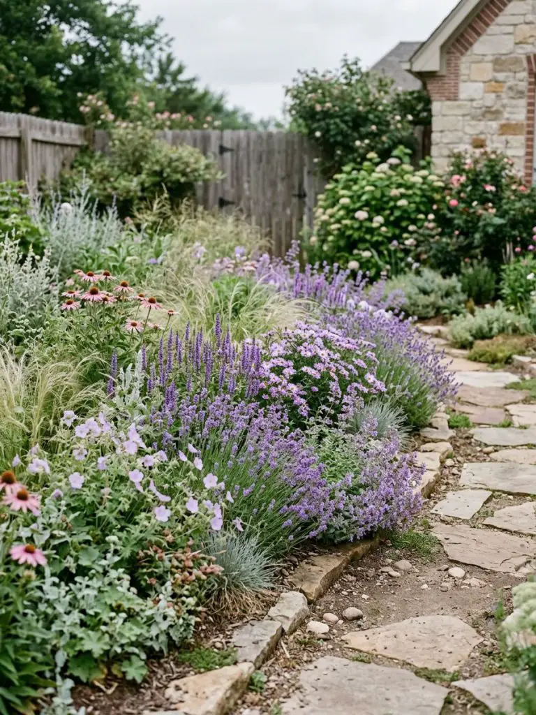 A soft meadow-inspired backyard flower bed designed with a naturalistic planting approach, featuring airy perennials and flowing textures.
