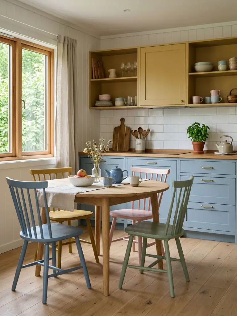 A Scandinavian-inspired colorful minimalist kitchen with soft pastel tones, combining pale blue lower cabinets and muted mustard upper stora.
