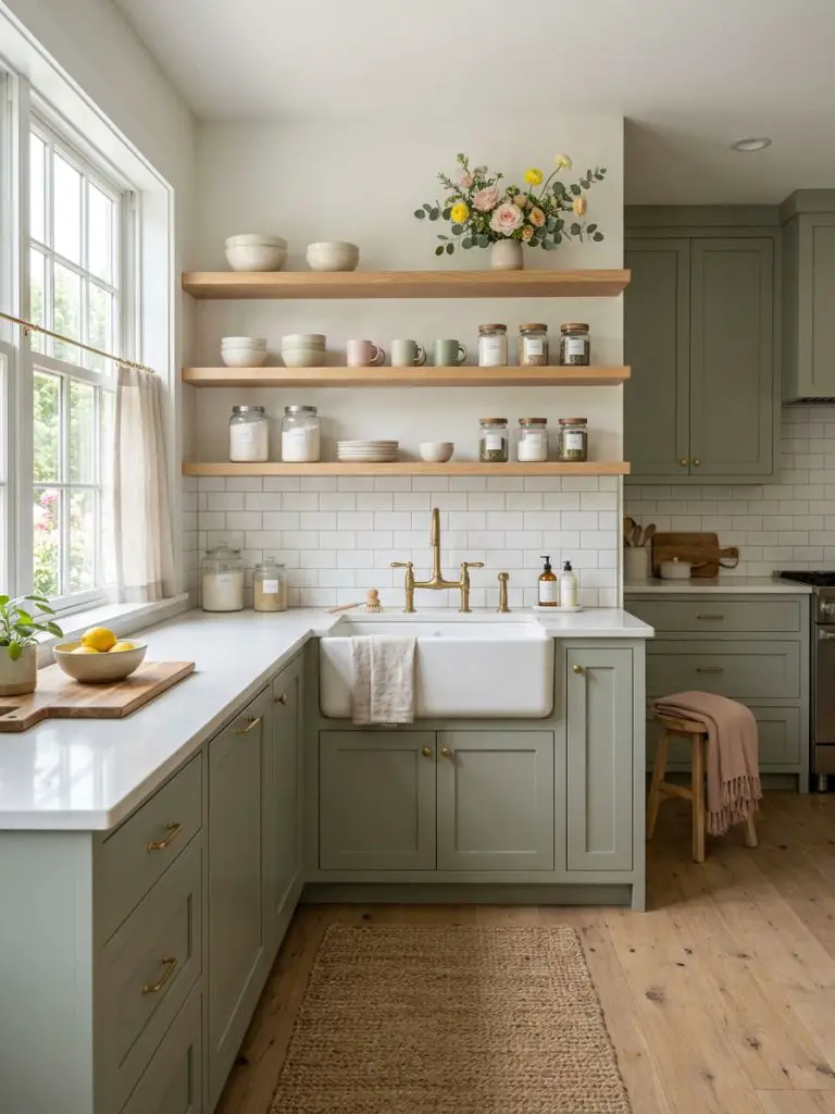A soft pastel farmhouse kitchen with warm minimalist styling, featuring muted sage cabinetry, white quartz countertops, and open wooden shel.