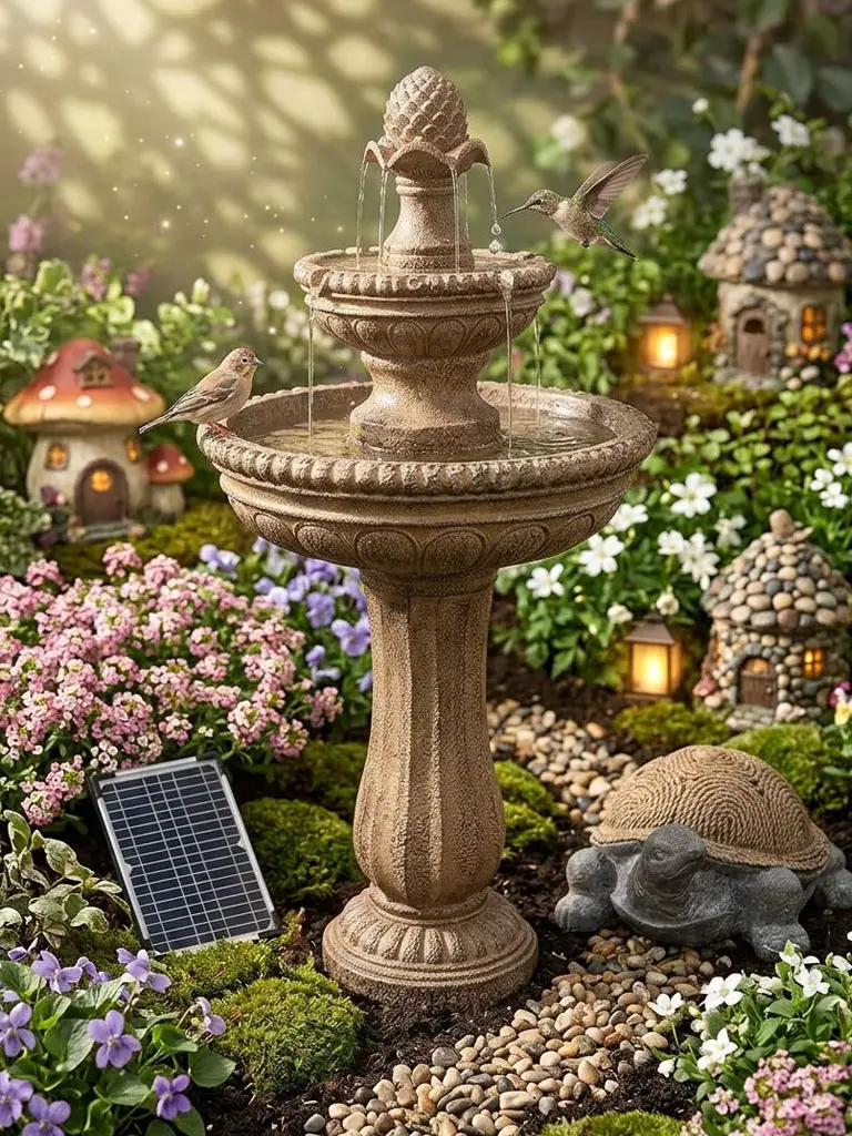 solar water fountains outdoor fairy garden ideas
