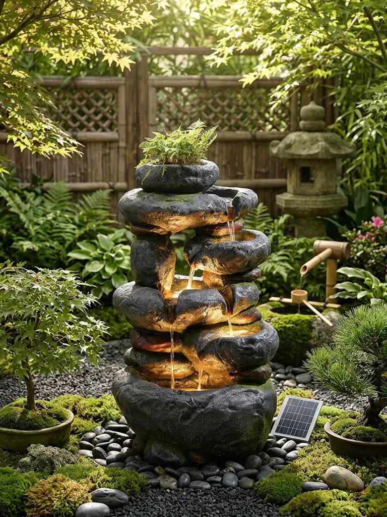 solar water fountains outdoor Japanese garden