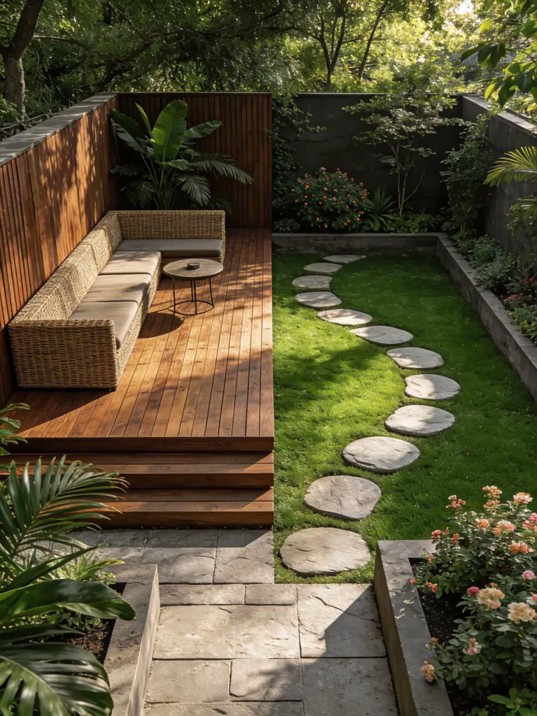 A compact square garden with a split-level design combining a wooden deck and lush lawn in a modern organic style.
