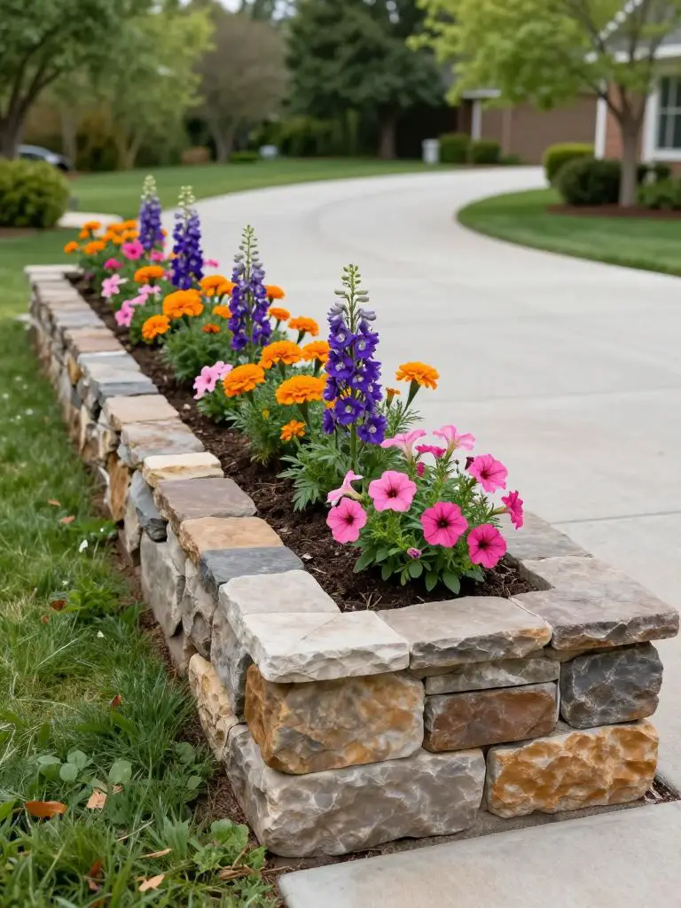 A charming side of driveway landscaping scene featuring a rustic stacked stone raised bed running parallel to a smooth concrete driveway.