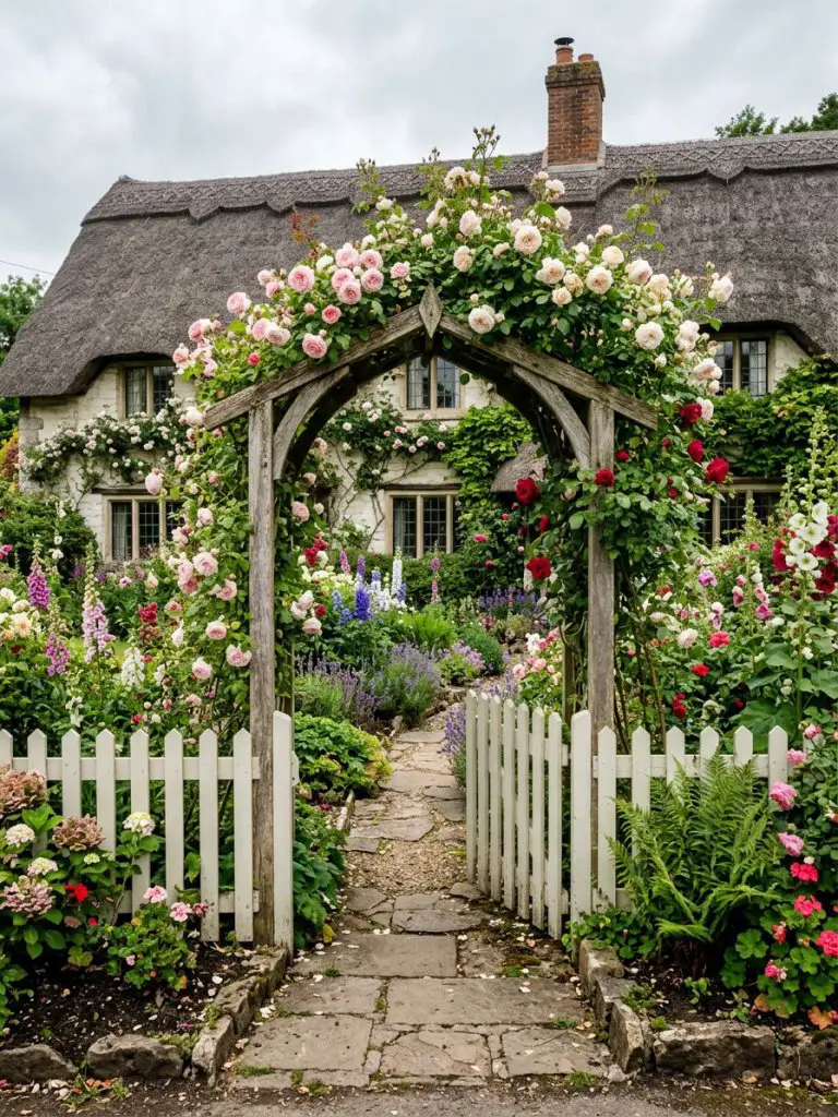 A storybook cottage garden designed in whimsical English countryside style, featuring a wooden arbor draped in blooming roses leading into a.