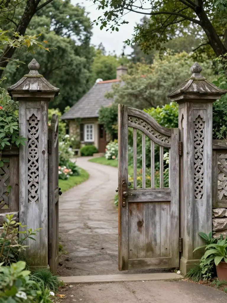 A quaint cottage-style driveway entrance featuring intricately carved wooden gates and weathered posts surrounded by lush greenery.
