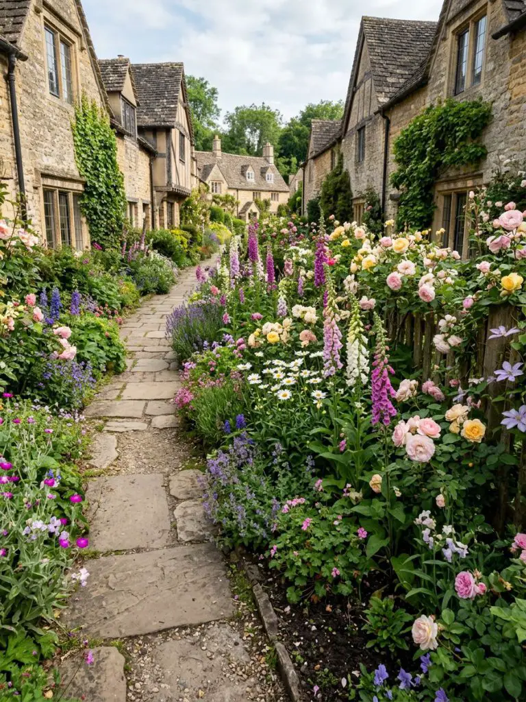 A charming cottage-style narrow flower bed lining a winding stone path between rustic homes, filled with dense, colorful blooms.