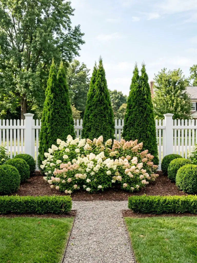 A structured evergreen flower bed with tall conical trees and layered hydrangea plantings beneath.