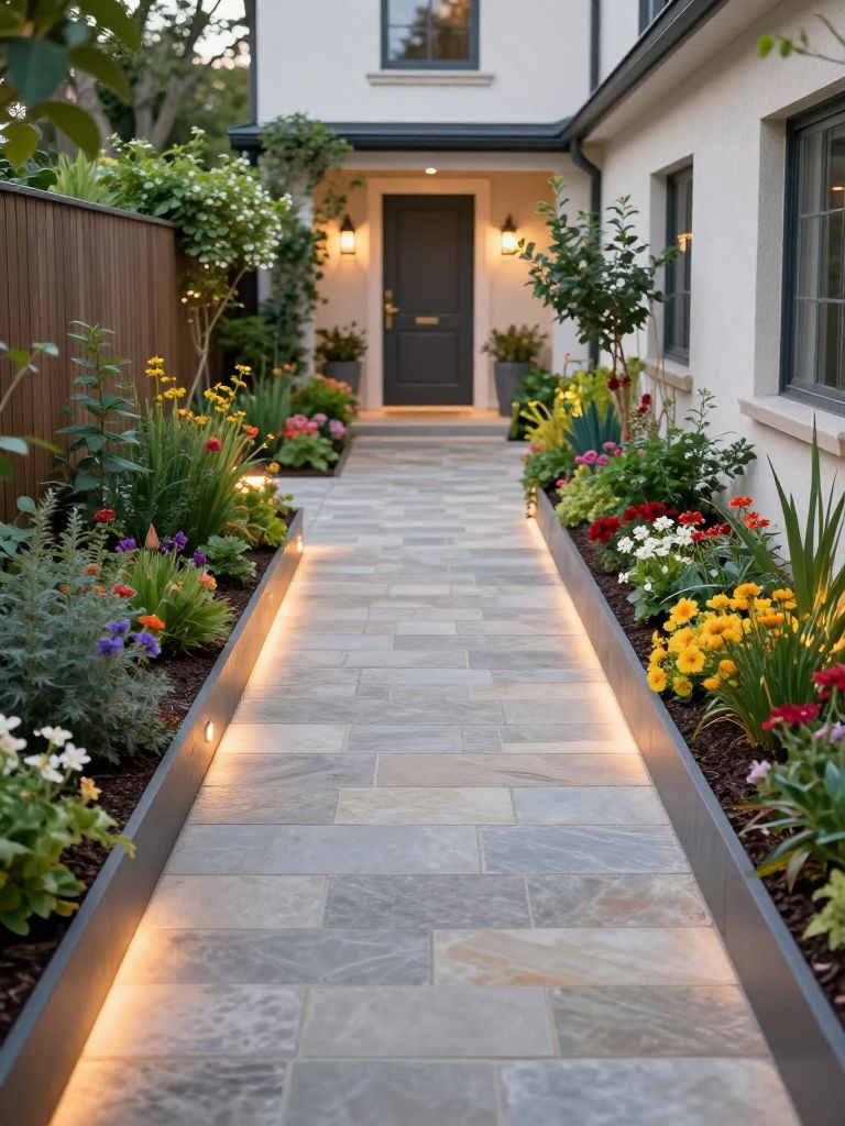 A structured narrow driveway lined with raised garden beds and integrated lighting, blending Modern Rustic with soft cottage elements.