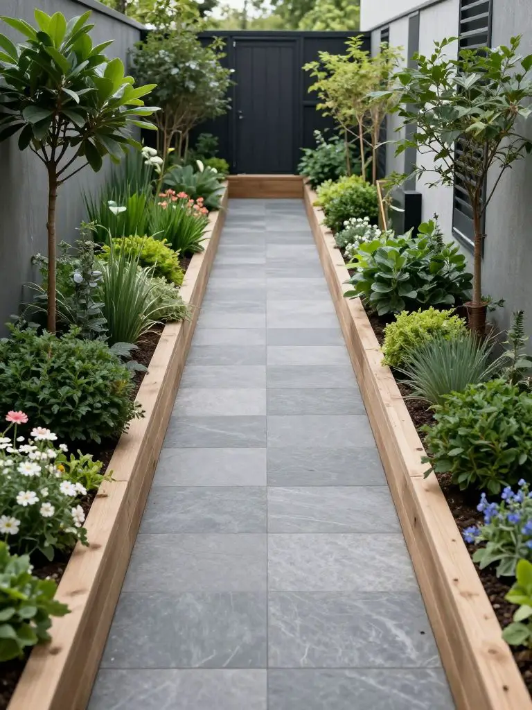 A structured narrow garden with a modern minimalist layout, featuring clean rectangular paving stones aligned in a straight pathway.