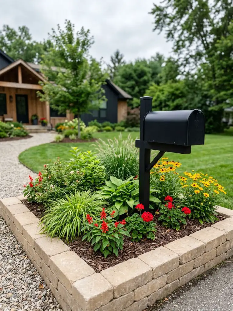 A structured and tidy mailbox flower bed with a modern rustic feel.