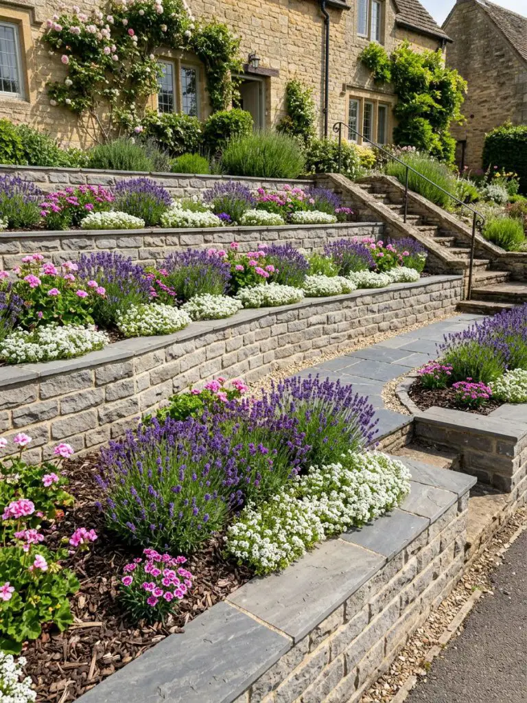 A refined small sloped garden designed with geometric stone terraces, featuring structured planting beds filled with blooming purple lavende.