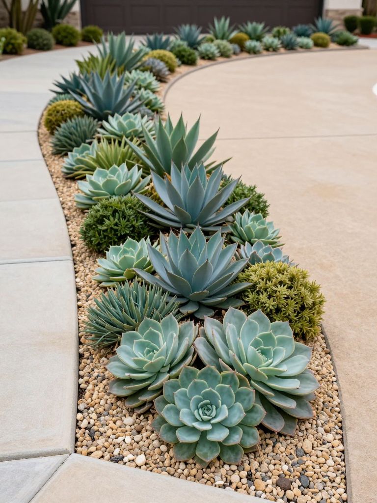 A modern driveway edging scene featuring a lush arrangement of succulents and desert plants lining a curved driveway, designed in a contempo.
