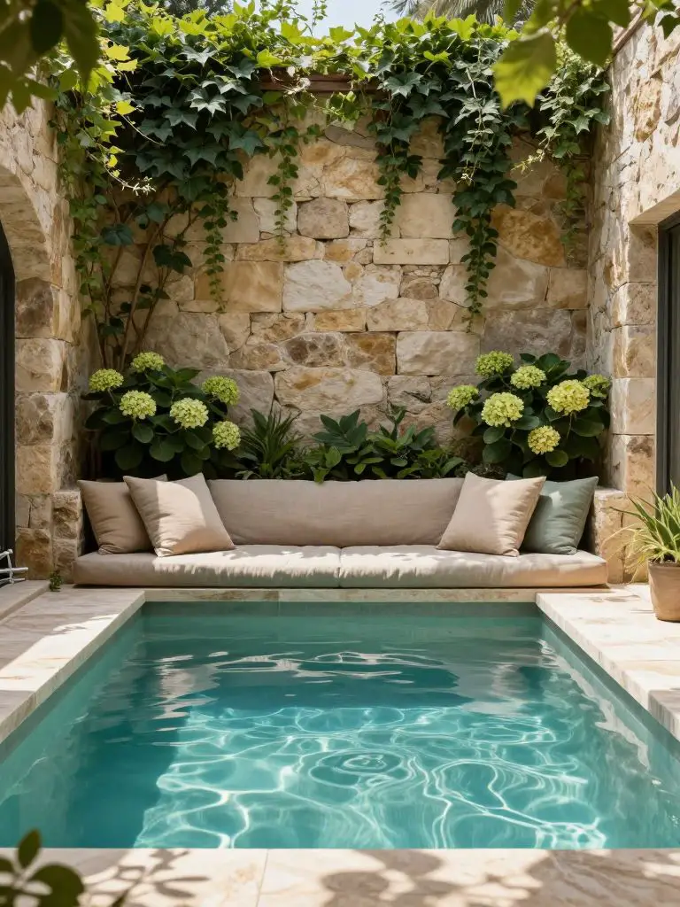 A tranquil backyard spa pool scene set against a textured stone wall draped in cascading greenery, blending Mediterranean and modern rustic.