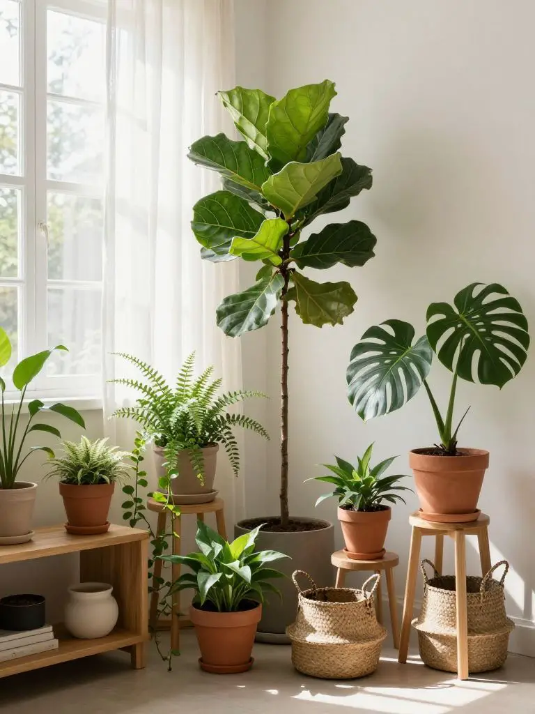 A bright indoor corner transformed into a lush sustainable garden nook in a Japandi-inspired interior style.