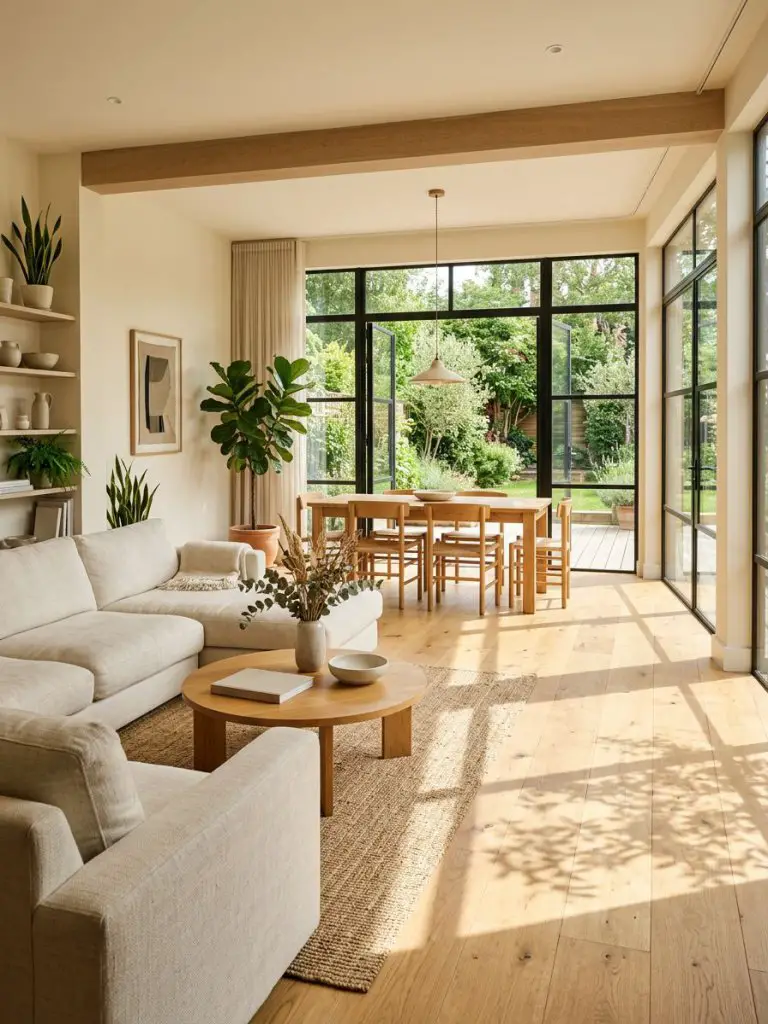 A sunlit minimalist living room with dining area in a warm contemporary style, featuring wide plank wood floors, linen sofas, and a palette.