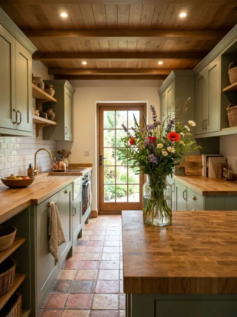 A warm rustic farmhouse kitchen featuring sage green shaker cabinets paired with thick butcher block countertops in natural oak.