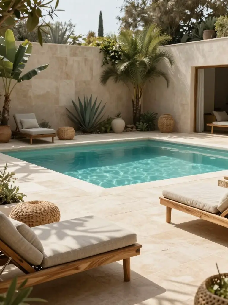 A modern backyard swimming pool set within a warm minimalist and modern rustic patio, featuring a rectangular pool with crystal-clear water.