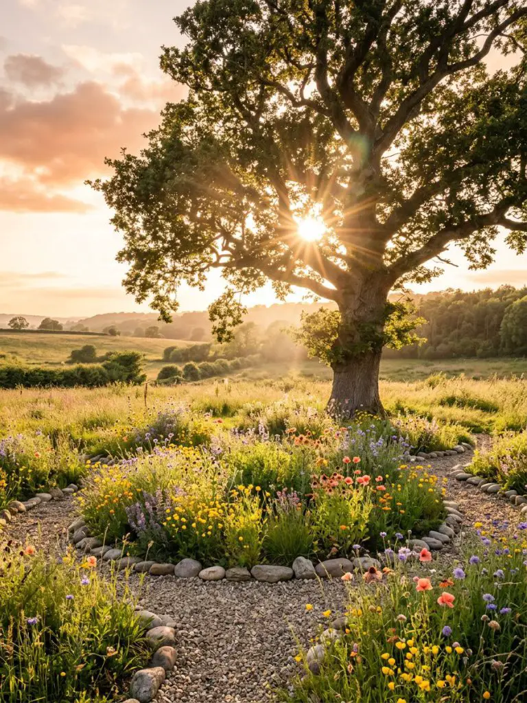 A dreamy open landscape with a large tree surrounded by a wildflower bed in a modern rustic meadow-inspired style.