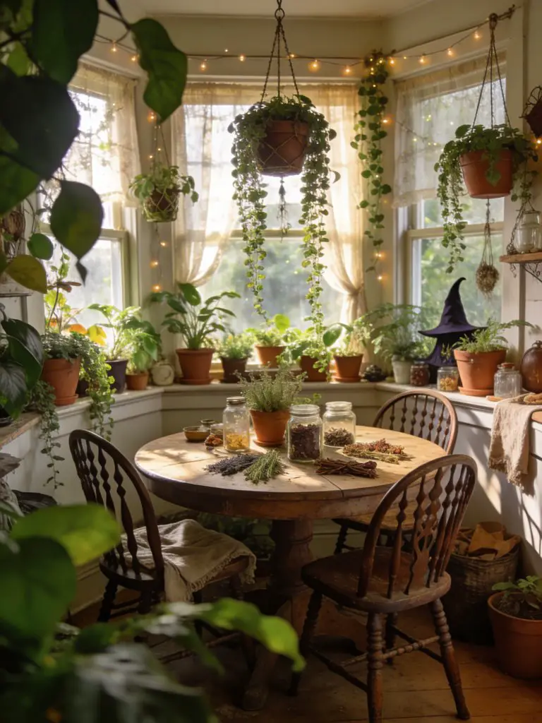 A bright witchy kitchen nook with a bay window overflowing with cascading houseplants in terracotta pots, styled in a boho witch aesthetic w.