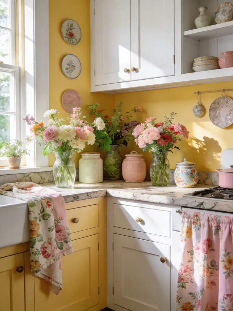 A sun-drenched colorful cottage kitchen in a cozy vintage style, featuring soft yellow walls and white cabinetry.
