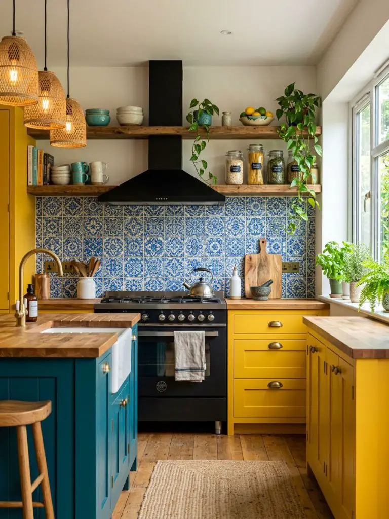 A colorful boho kitchen featuring bold sunshine yellow lower cabinets paired with deep teal island cabinetry in a Warm Minimalist meets Mode.