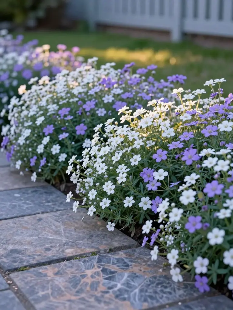 A dense carpet of sweet alyssum with tiny, fragrant white and lavender blooms spills over the edge of a natural stone walkway, the soft peta.
