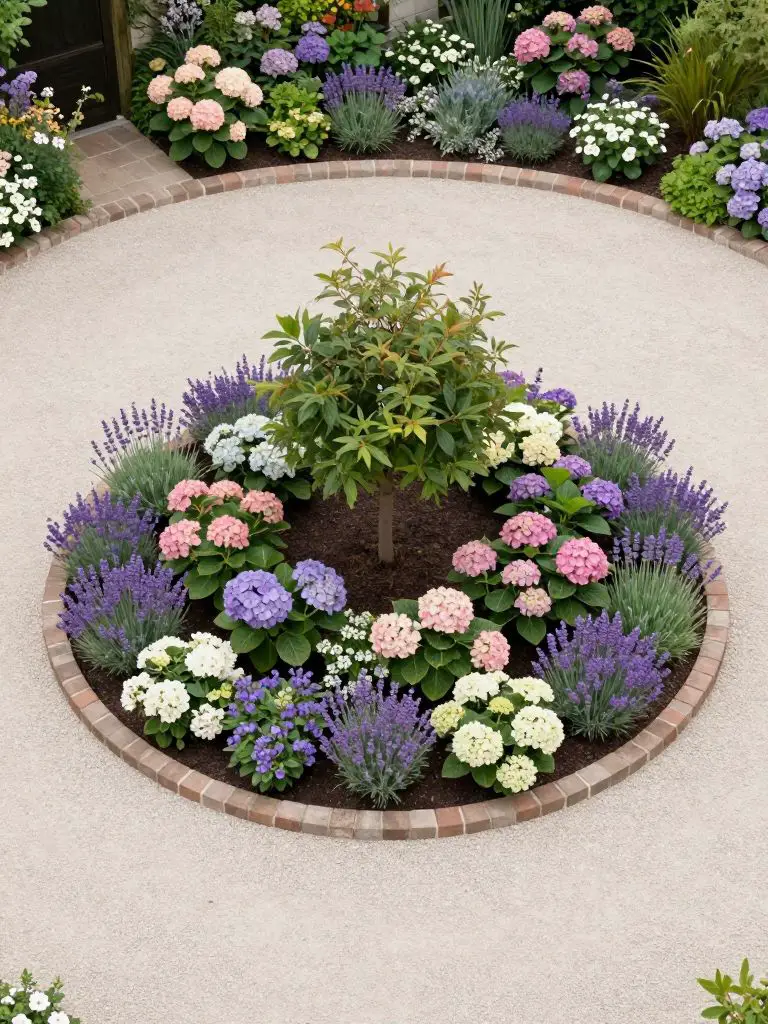 A symmetrical circular driveway island in a cottage-inspired landscape design with soft romantic detailing.
