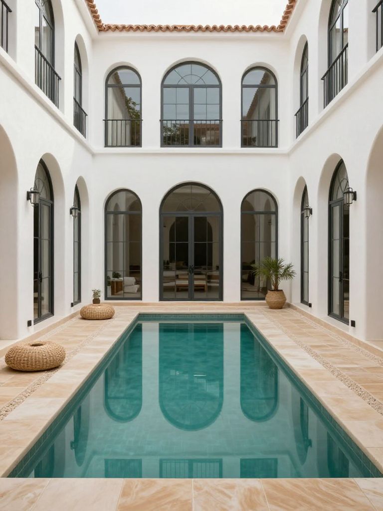 A symmetrical Mediterranean courtyard pool in a refined Warm Minimalist style, centered within a modern villa featuring arched glass doors a.
