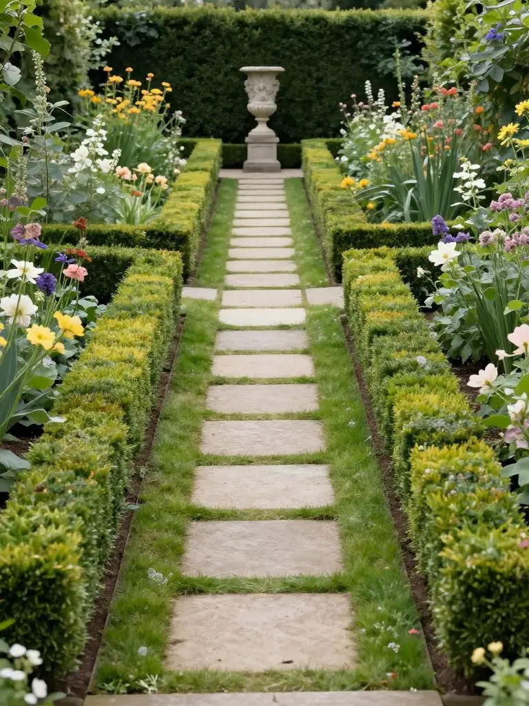 A formal narrow garden designed in a classic European style with symmetrical hedges and a straight stepping stone path set in grass.