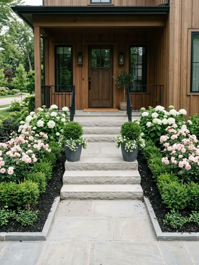 A symmetrical front porch flower bed in a warm minimalist and modern rustic style framing a set of stone steps.