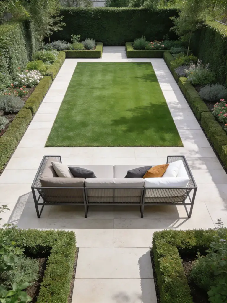 A symmetrical small square garden layout designed in a contemporary minimalist style, centered around a pristine rectangular lawn.