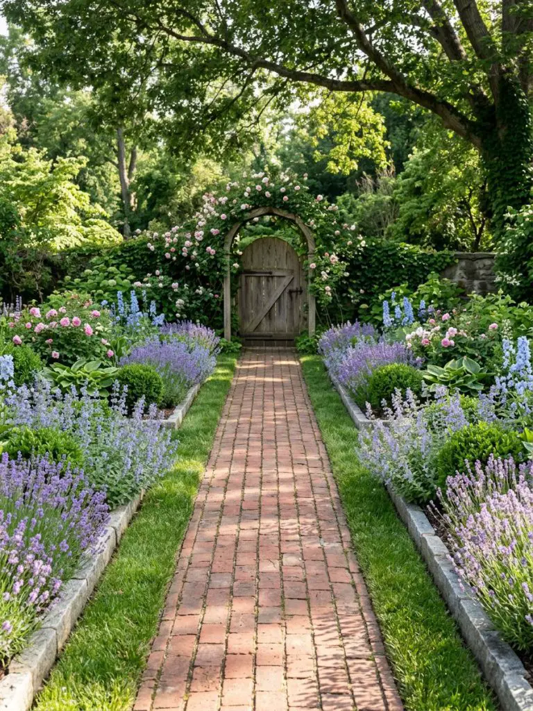 A symmetrical backyard flower bed flanking a narrow brick pathway, designed in a classic romantic garden style with structured borders and r.