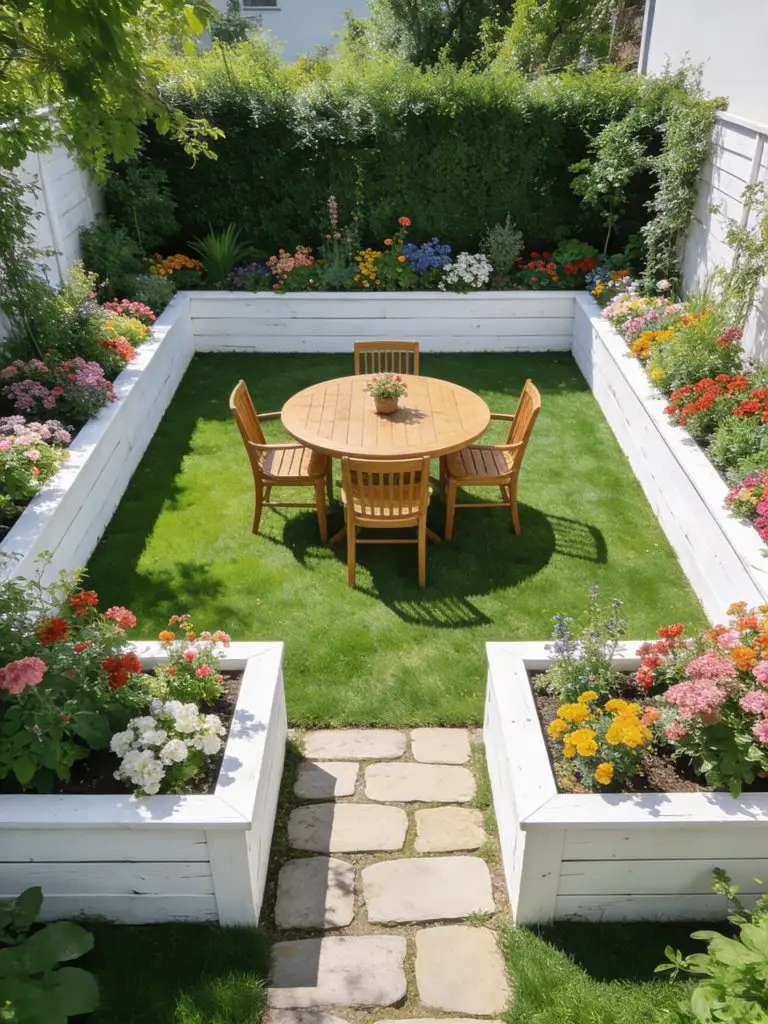 A perfectly symmetrical small square garden with raised flower beds framing a central dining area.