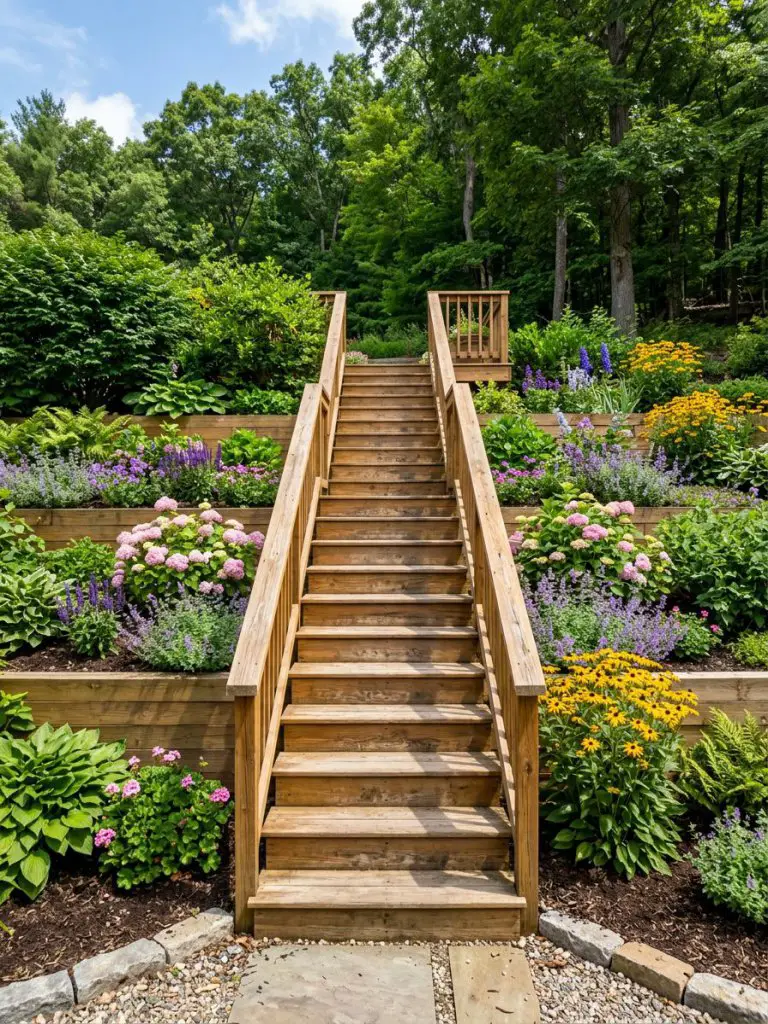 A small sloped garden centered around a symmetrical wooden staircase flanked by tiered planter beds filled with lush greenery and colorful f.