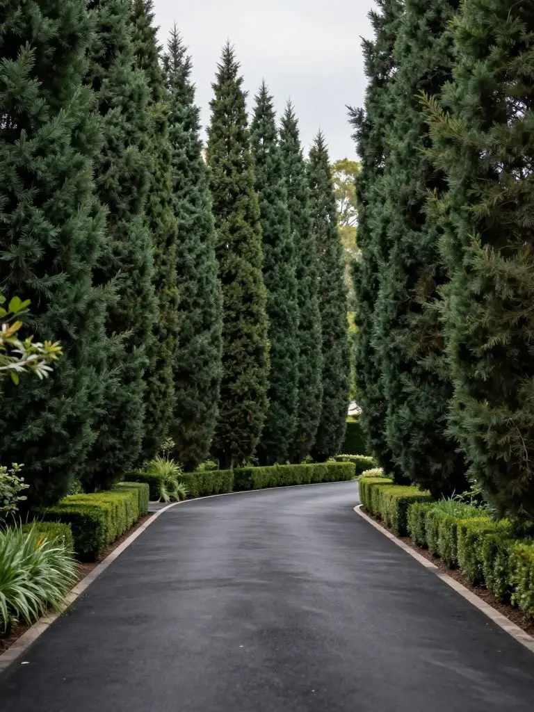 A grand driveway lined with tall, columnar evergreen trees in a formal estate landscape design.