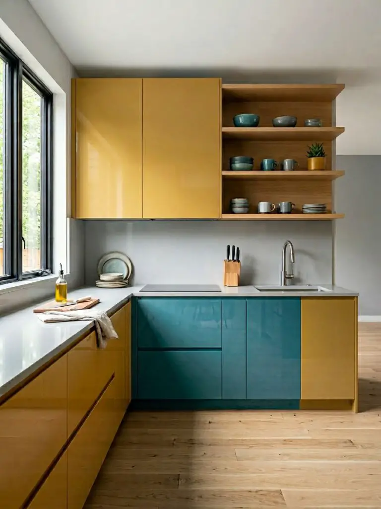 A stylish colorful minimalist kitchen combining teal and mustard cabinetry with clean modern lines.