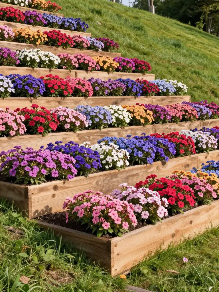 A series of heavy timber raised beds built into a steep grassy hill like steps.