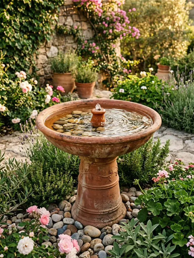 A terracotta bird bath fountain designed with a small bubbling water feature, styled in a warm Mediterranean rustic garden aesthetic.