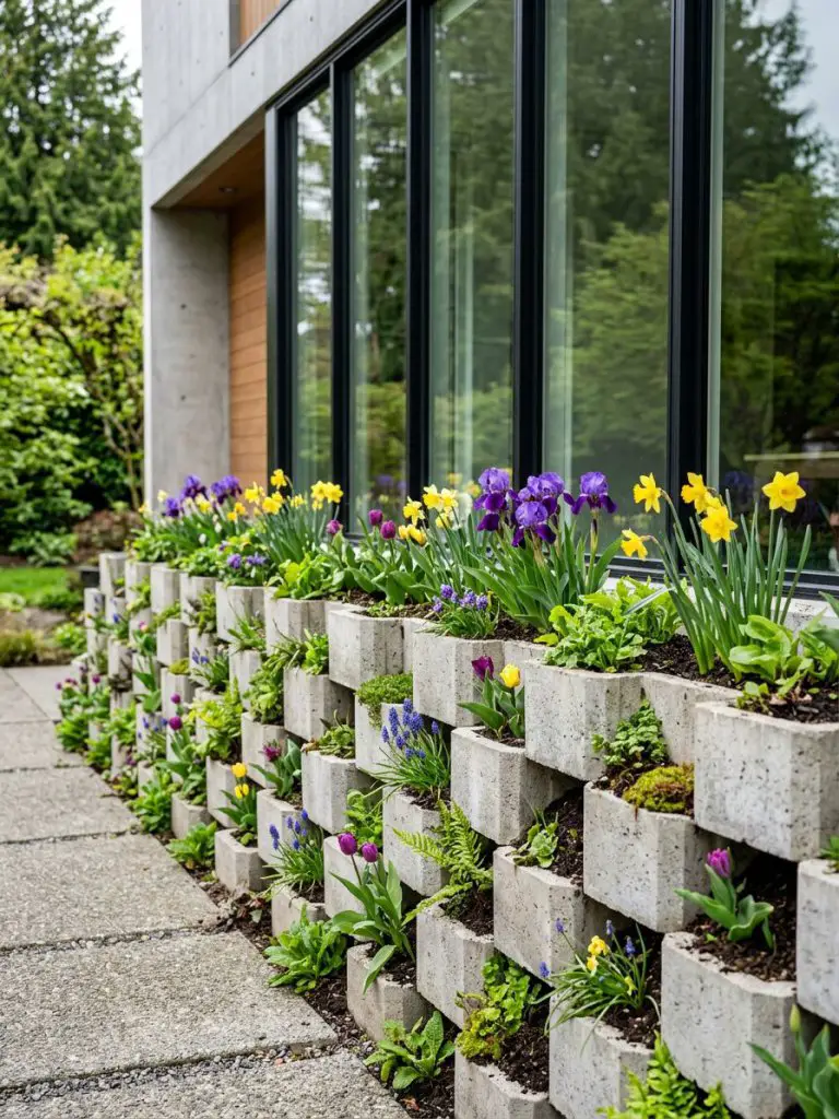 A textured block wall flower bed integrated beneath a row of windows, styled in contemporary architectural landscaping.